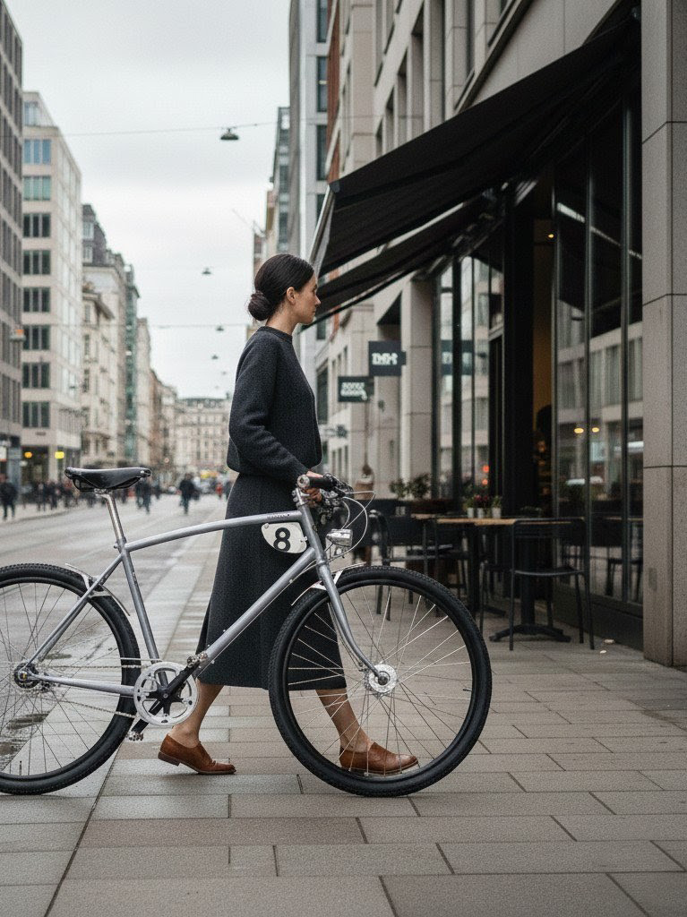 WOODIE Holzschutzbleche und Kettenschutz aus Holz am Pashley-Morgan Model 8 mit Frau vor einem Café