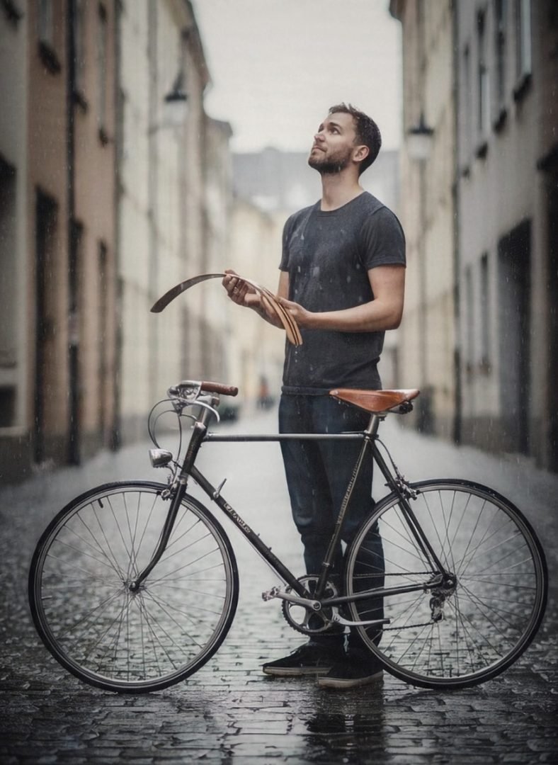 Startseite WOODIE Holzschutzbleche in den Händen eines Mannes neben einem klassischen Fahrrad auf regennassem Kopfsteinpflaster.